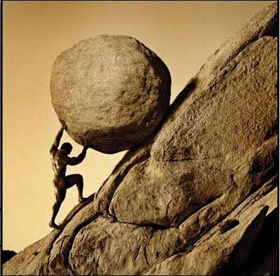 Sisyphus pushing the rock